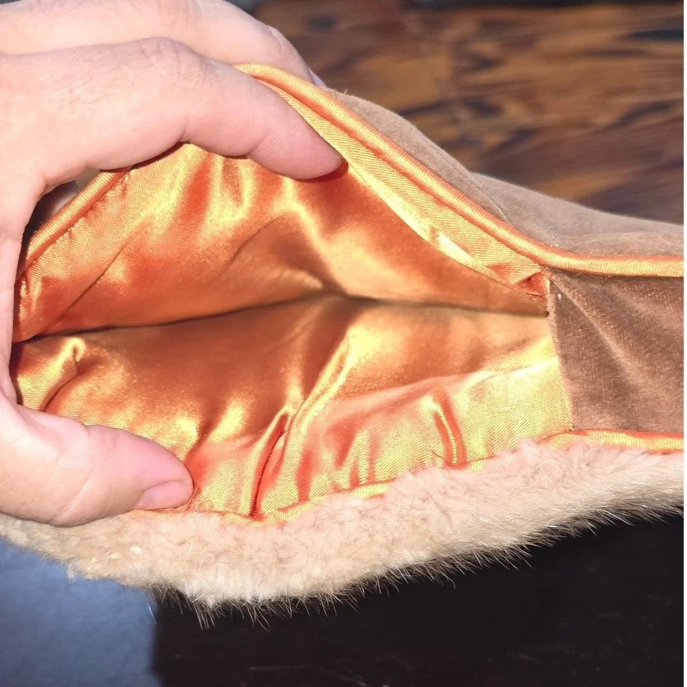 Vintage Real Fur Hand Muff Brown Velvet Back‎ Orange Satin Lining Zipper Pocket